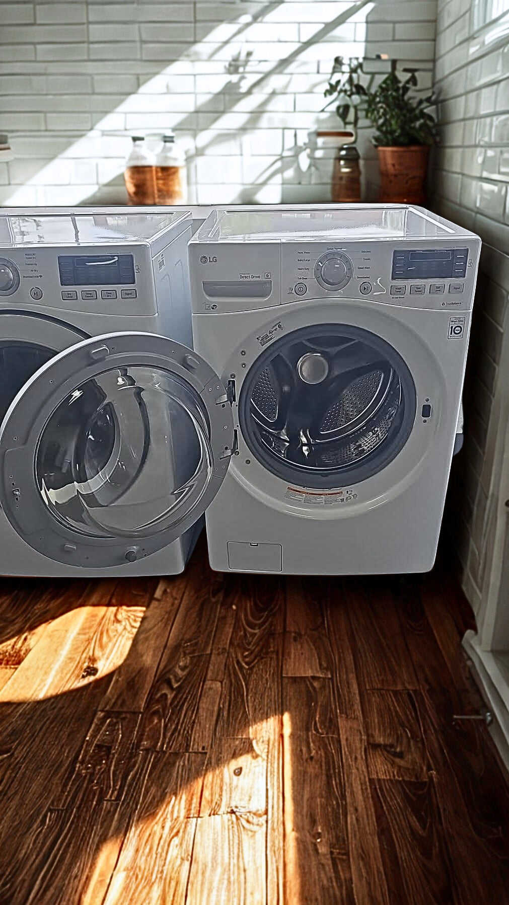 LG 5.2 cu. ft. Front Load Washer & 7.5 cu. ft. Electric Dryer with Advanced Fabric Care (Models WM3470HWA & DLEX3370W)